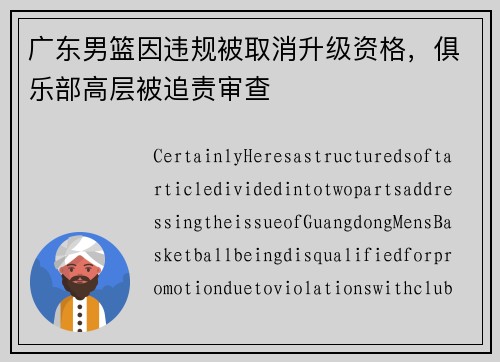 广东男篮因违规被取消升级资格，俱乐部高层被追责审查