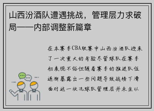 山西汾酒队遭遇挑战，管理层力求破局——内部调整新篇章