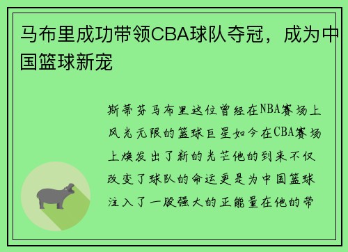 马布里成功带领CBA球队夺冠，成为中国篮球新宠