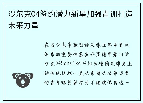 沙尔克04签约潜力新星加强青训打造未来力量