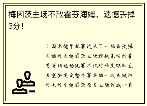 梅因茨主场不敌霍芬海姆，遗憾丢掉3分！