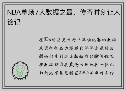 NBA单场7大数据之最，传奇时刻让人铭记