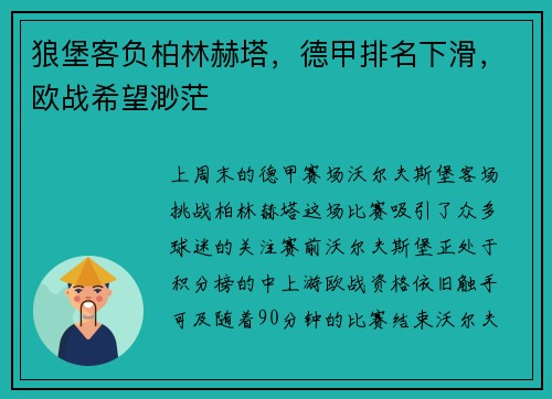 狼堡客负柏林赫塔，德甲排名下滑，欧战希望渺茫